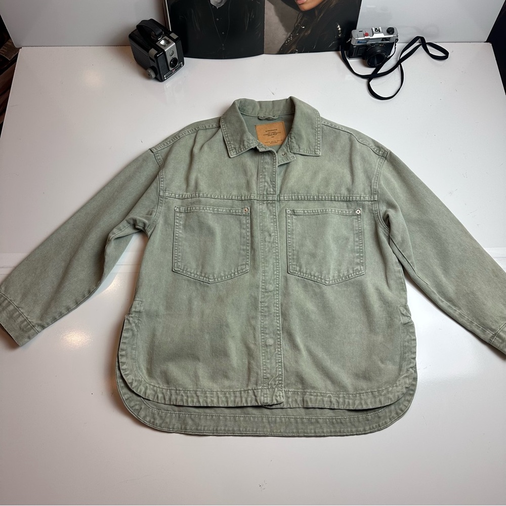 Stradivarius Green Denim Chore Jacket Mens M Utility Workwear Oversized 1